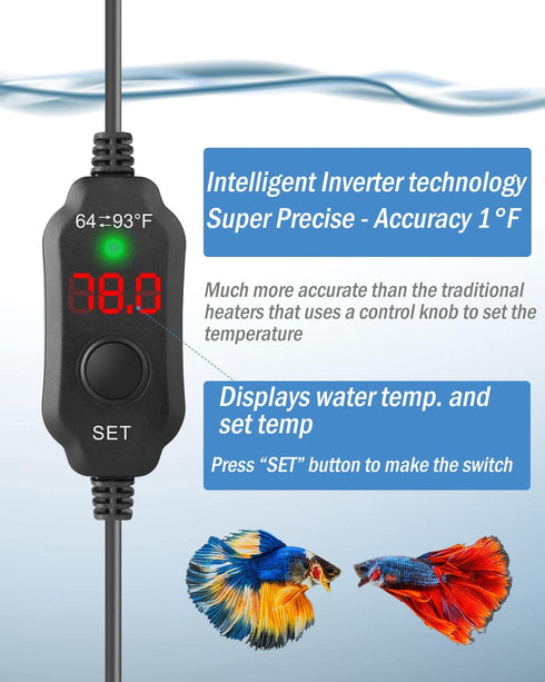 AquaMiracle Adjustable 10W Betta Heater, Submersible Fish Tank Heater for Up to 1 Gallon Tanks with Digital Display.