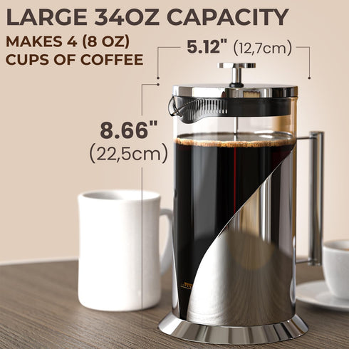 34 oz 4-Level Cafe Du Chateau Stainless Steel French Press Coffee Maker - Easy to Use Insulated Coffee Press