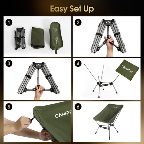 Camptime Backpacking 330Lbs, Portable Camping Chair, Lightweight Compact Chair with Side Pocket, Wide Seat Folding