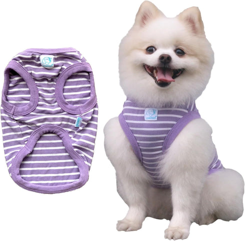 Classic Striped Teacup Pet Dog T-Shirts: 100% Cotton Tank Vest for Small Dogs, Sleeveless Puppy Clothes, Purple, Small
