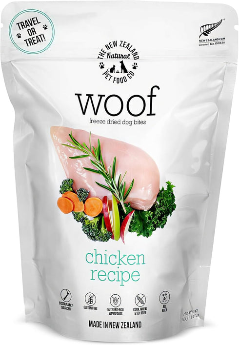 Woof Freeze Dried Dog Food - Chicken Recipe, High Protein Dog Food Topper & Treats, All Life Stages, 1.76 oz