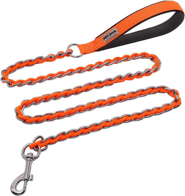Chew Proof Dog Leash, Heavy Duty Chain Leash for Large Dogs, Indestructible Metal Leash with Soft Padded Handle