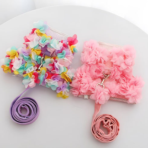Cute Dog Harness - Escape-Proof Flower Harness with Leash Set, Soft Mesh Small Puppy Vest for Cats and Dogs, Pink &