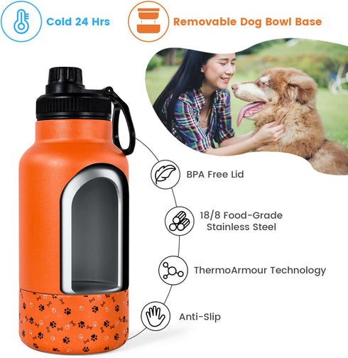 AGH Dog Water Bottle - 32oz Portable Bottle with Detachable Bowl, Stainless Steel for Travel, Orange