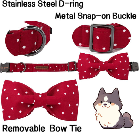 Unique Style Paws Cotton Dog Collar with Bow, Red White Round Dot for Small Medium Large Boys Girls