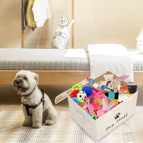 Geyecete Large Linen Fabric Storage Boxes, Foldable Bin Box Containers with Lid and Handles for Dog Apparel & Toys -