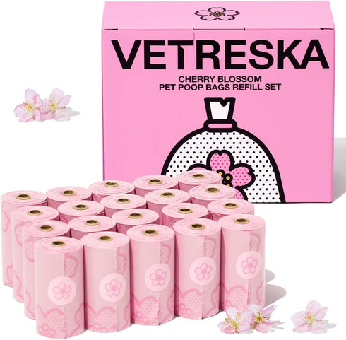 VETRESKA Cherry Blossom Scented Dog Poop Bags, Leak Proof, Extra Thick and
