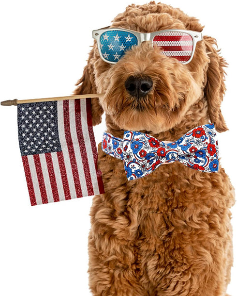 Independence Day Dog Collar with Bowtie, Adjustable Soft Patriotic 4th of July Holiday Gift for Small Dogs