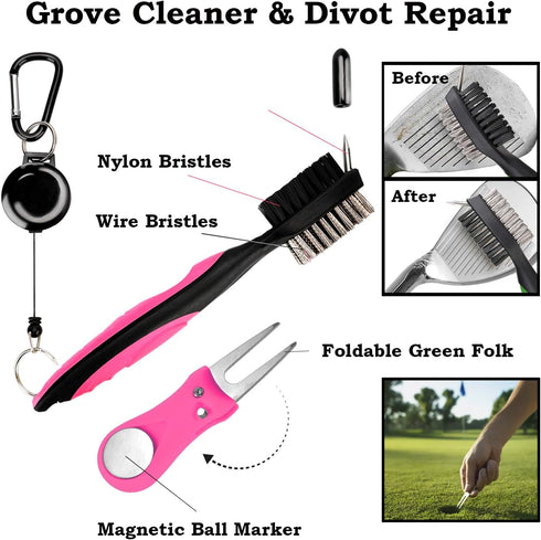 Golf Accessories Kit 20 PCS Gift Set - Golf Towel, Ball Marker, Pins, Cleaner, Pink Balls w/Holder, Alignment Kit