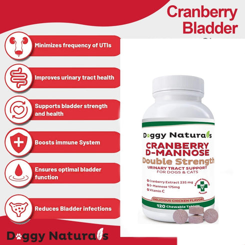 Cranberry D-Mannose for Dogs and Cats, Urinary Tract Infection Support, Double Strength Tablet, 120 Count