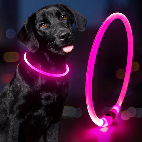 Light Up Dog Collar, Waterproof LED Pet Collar Rechargeable, TPU Cuttable Glow in The Dark for Night Walking (Pink)