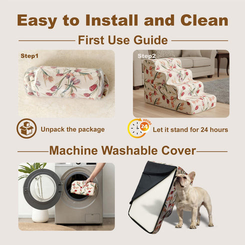 18" 4-Step 30D Country Dog Stairs for Bed & Couch H, Extra Long Dog Steps for Bed with Foam, Style Pet Stairs for Small