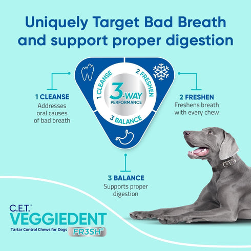 FR3SH 22-66lbs Virbac C.E.T. VEGGIEDENT Tartar Control Chews for Dogs with digestive health support, VOHC Approved