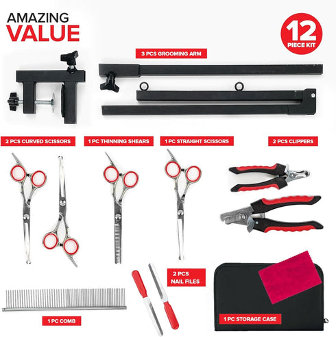 Modern Innovations Dog Grooming Arm, 12-Piece Table Arm with Clamp & Tool Kit for Small/Medium Dogs, Accessories
