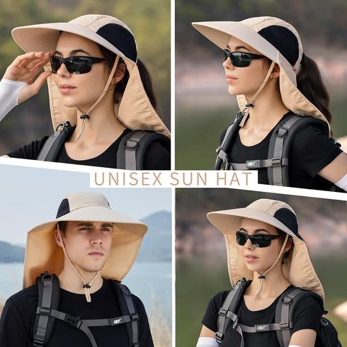 Sun Hat for Men Women - UPF 50+ UV Protective Hiking Fishing Wide Brim Sun Hat with Neck Flap