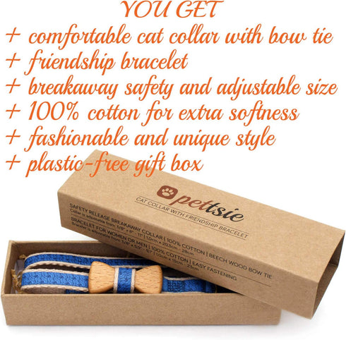 Pettsie Adjustable Breakaway Cat Collar with Bow Tie & Matching Bracelet - 8-11 Inches, Blue