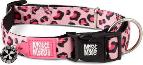 Max & Molly Leopard Pink Dog Collar with Safety QR Code Tag - Soft, Adjustable, Waterproof Collar for Dogs & Puppies