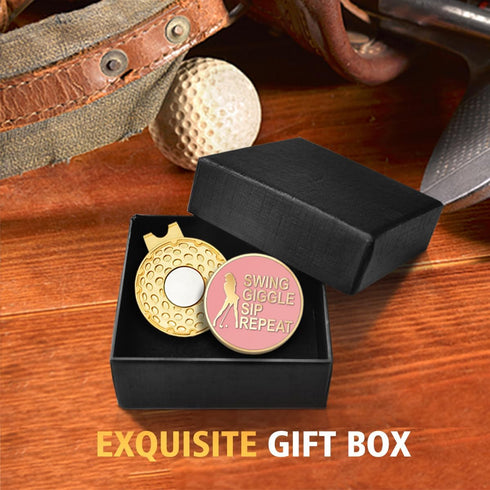 Swing Giggle Sip Repeat Pink Gold Golf Ball Marker with Hat Clip, Funny Accessories for Women Golfers