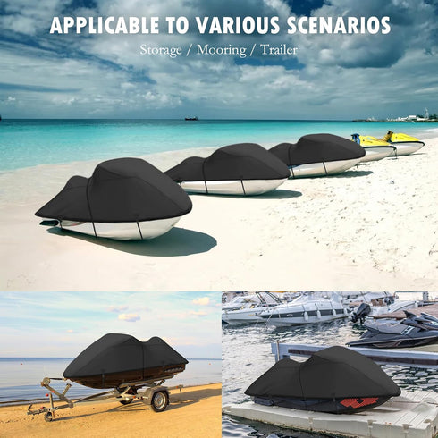 Heavy Duty 420D Waterproof Jet Ski Cover, 136'' to 147'', Adjustable Windproof Strap & Anti-UV for