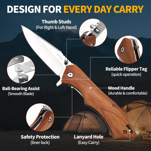 Vickay Folding Pocket Knife, EDC Knife with 8Cr13MoV 3.19" Stainless Steel Blade and Brown Wood Handle for Outdoor