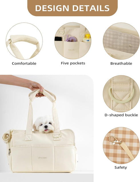 Soft-Sided Dog Carrier for Small Dogs and Cats, Collapsible Cotton Bag with Large Pockets (Beige, 13.6" L x 6.5" W x