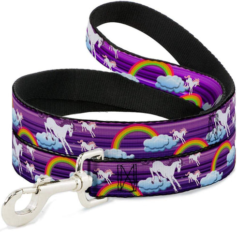 Buckle-Down Dog Leash, Unicorns Rainbows Stripes, Purple, 6 Feet Long, 0.5 Inch Wide
