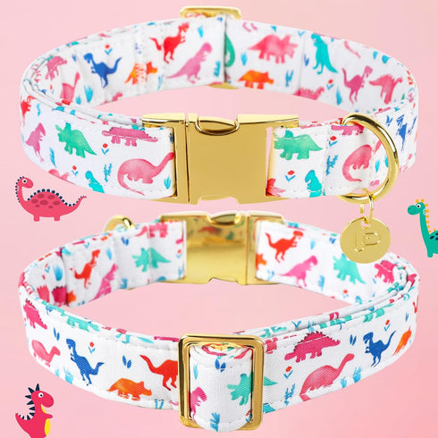 Dinosaur Summer Cotton Dog Collar with Metal Buckle, Gift Collar for Small Medium Large Dogs, Cute Durable Comfortable