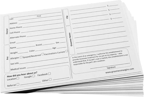 Dog Grooming Cards (100 Pack) 8 X 5 inch Groomer Client Profile Service Record Clip Card for Pet Groomers