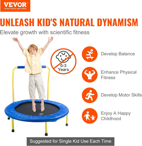3FT 36" 3+ VEVOR Trampoline for Kids, Trampolines Indoor/Outdoor Trampoline for Toddlers, Foldable Mini Baby Jump Toy