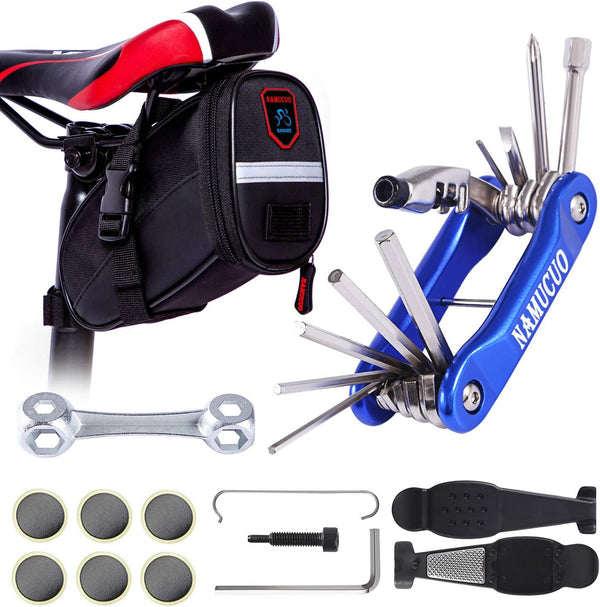 YBEKI Bike Repair Tool Kits - 10 in 1 Bicycle Tool Set with Saddle Bag and Multi-tool Chain Tool (Blue)