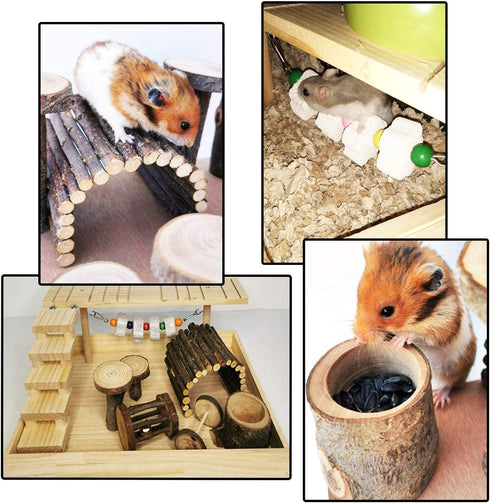 Set Hamiledyi Dwarf Hamster Activity Playground Natural Wood Gerbil Climbing Platform Mice Living Gym System Syrian