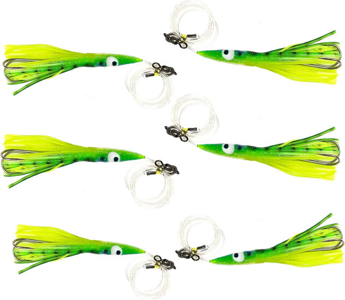 Arcadia Tackle Associated Manufacturer 4.5" 6 Tuna Clone Rigs, Pcs Yellow/Green for Offshore Trolling, Ideal for Tuna