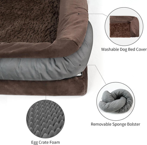 Large Brown Orthopedic Dog Bed, Waterproof with Removable Cover, 4-Sides Removable Bolster Soft Sofa Bed, Washable