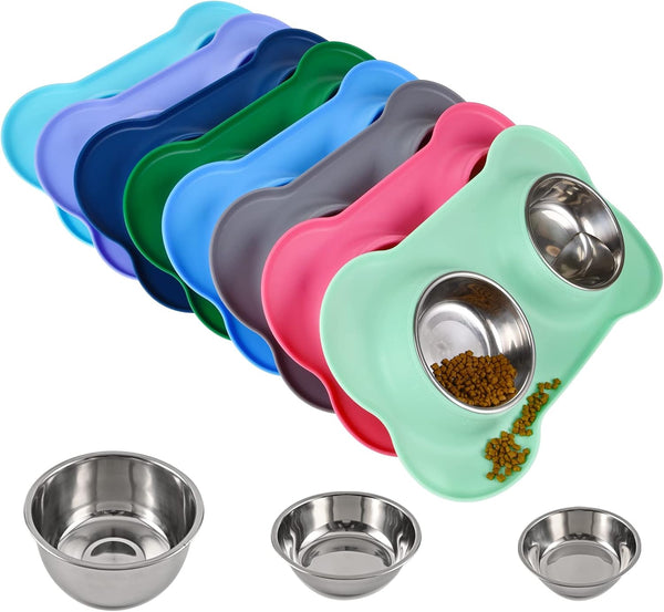 Dog Bowls 2 Stainless Steel Bowls for Pet Water and Food Feeder with Non-Spill Skid Resistant Silicone Mat