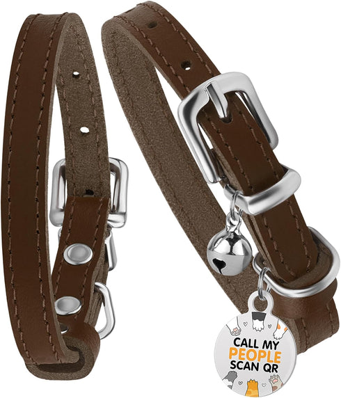 BRONZEDOG Leather Cat Collar with Bell, Non-Breakaway Kitten QR Tag for Cats/Mini Dogs (9" - 12", Brown & Silver)