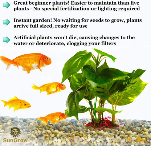 SunGrow Plastic Leaf Plant, Heavy-Duty Ceramic Base, Hiding Spot for Fish and Reptiles, 10 Inches