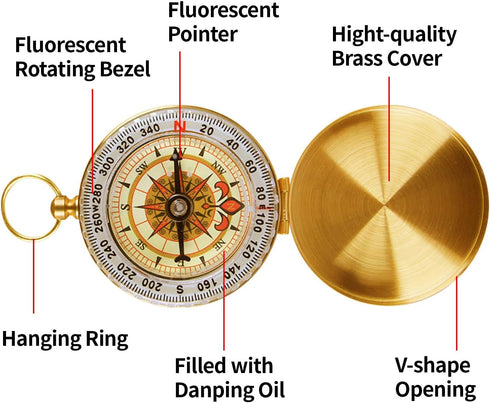 NeoLum Brass Pocket Compass with Luminous Dial, Golden Vintage Pocket Watch Style Compass, Sports Waterproof Navigation
