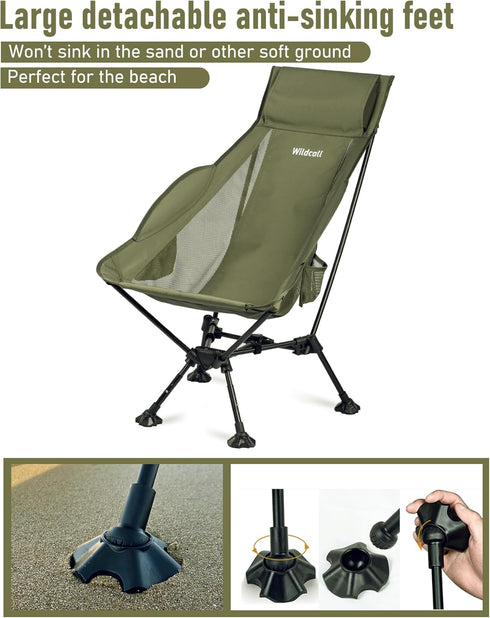 WildCall Lightweight Folding High Back Camping Chair with Head Support, Compact Beach Chair with Anti-Sinking Large