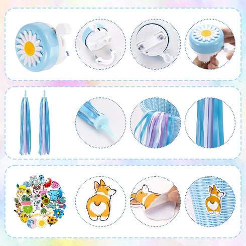 Kids Bike Basket, Woven Bicycle Basket with Stickers, Bell, Windmill, and Colorful Ribbons for Girls Boys