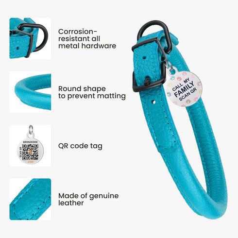 Soft Round Rolled Leather Dog Collar with ID Tag for Small Medium Large Dogs (7-10 inch, Aqua Blue)