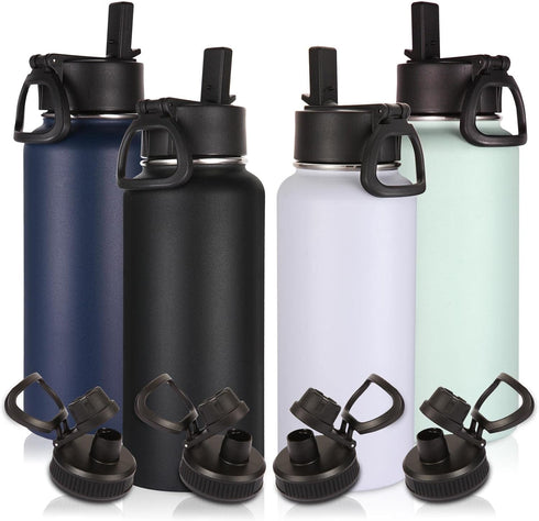 Volhoply 4 Pack 32 oz Insulated Water Bottles with Straw Lid & Spout Lid for Hiking, Camping