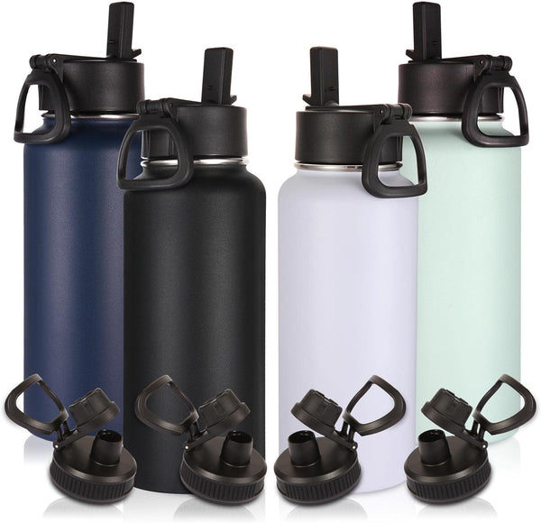 Volhoply 4 Pack 32 oz Insulated Water Bottles with Straw Lid & Spout Lid for Hiking, Camping