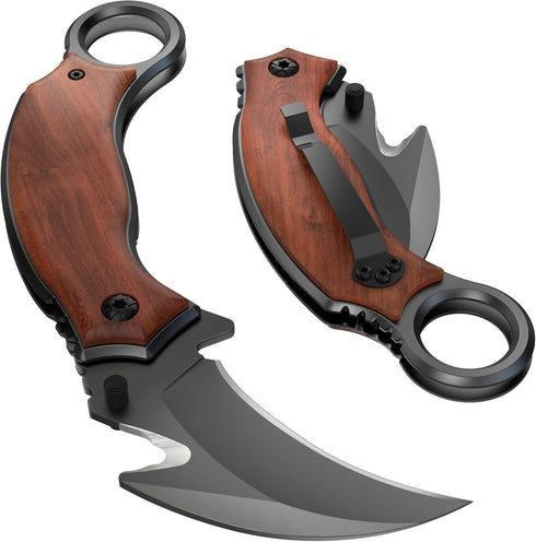 Pocket Karambit Knife with Wood Handle Clip, 440C Steel Sharp Raptor Claw Blade for Camping EDC