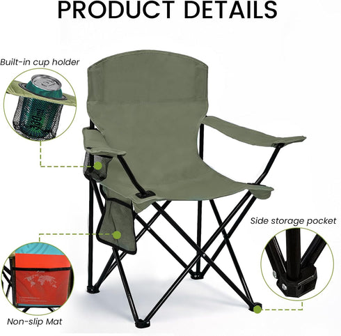 2 Pack 300lbs Folding Camping Chair with Cup Holder & Side Storage Bag Capacity Lightweight High Back Portable