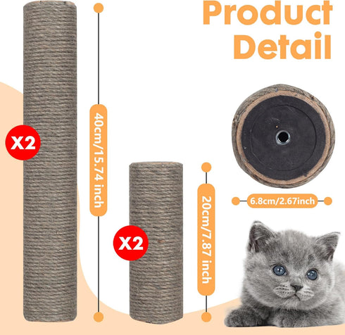 Barelove 4 Pack Replacement Cat Scratching Post, 15.7“ 7.9" Natural Sisal Rope for Indoor Kittens Tower, Grey