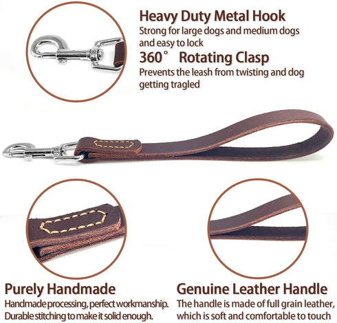 Leather Short Dog Lead, Heavy Duty Traffic Pet Leash with 360º Metal Hook for Large Medium Dogs