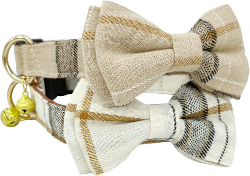 KUDES 2 Pack Dog Collars with Bow Tie and Bells, Adjustable Cute Dog Bow Ties Collar for Small Medium Large Pets (Beige