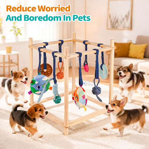 8 Wooden Puppy Play Gym for Small Dogs, Puppy Jungle Gym with Hanging Toys, Wood Frame Indoor Puppy Gym with Dog