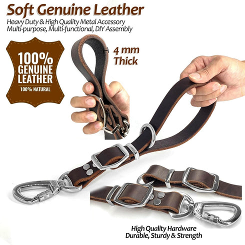 Leather Short Dog Leash, Adjustable Length, Extra Thick Genuine Handmade with Heavy-Duty Hardware, Strong Traffic Pet
