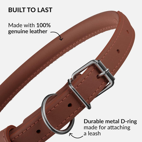 CollarDirect Rolled Leather Dog Collar - Soft Padded Round Puppy Collar, Handmade Genuine Leather for Small Large Cats